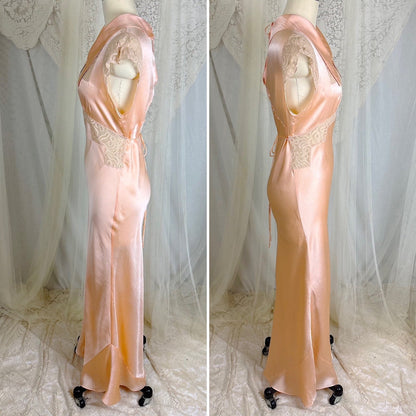 Vintage 1930's Rich Apricot Silk Satin Nightgown with Warm Nude Lace - by Satin Duchene, size S, M - Daggers & Dames