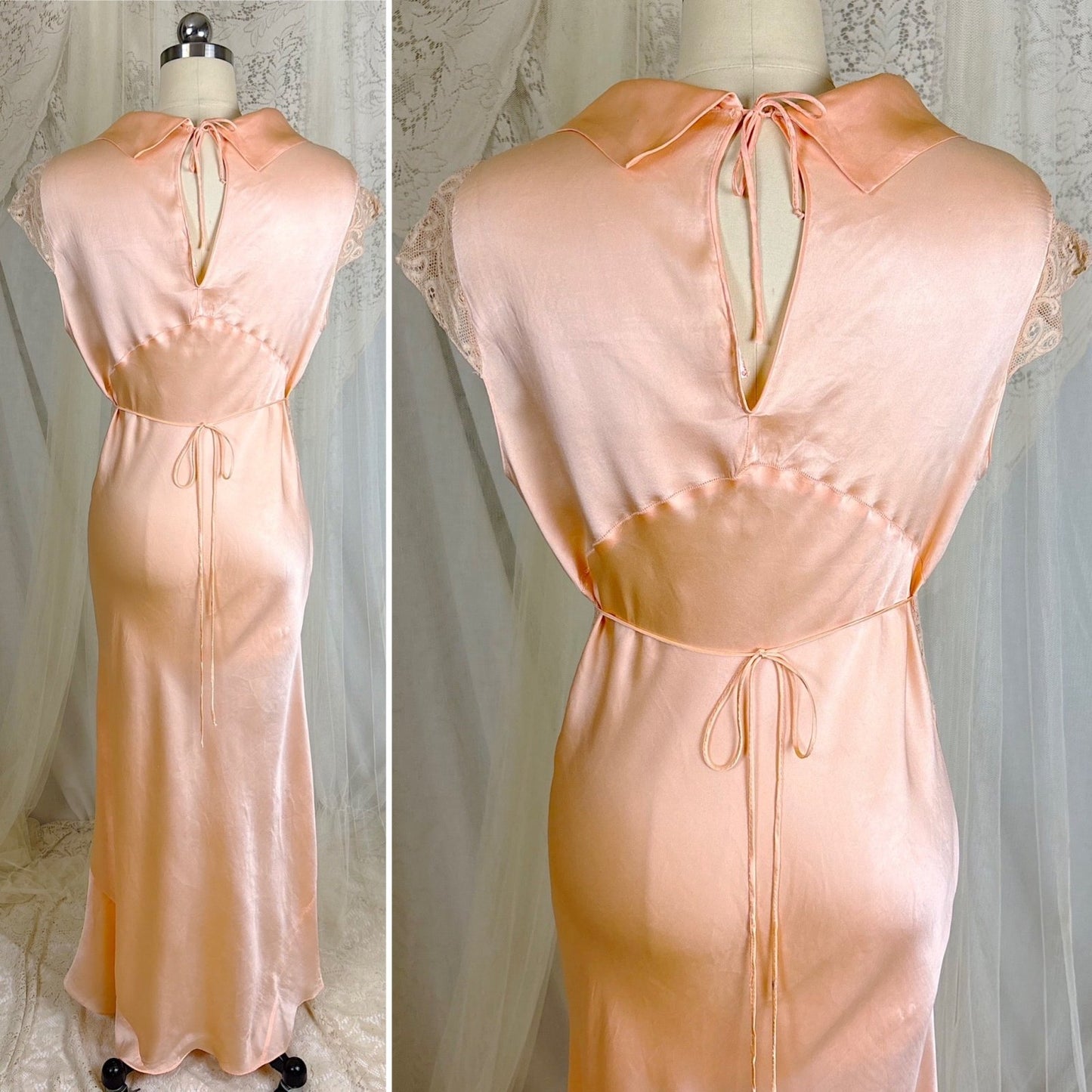 Vintage 1930's Rich Apricot Silk Satin Nightgown with Warm Nude Lace - by Satin Duchene, size S, M - Daggers & Dames