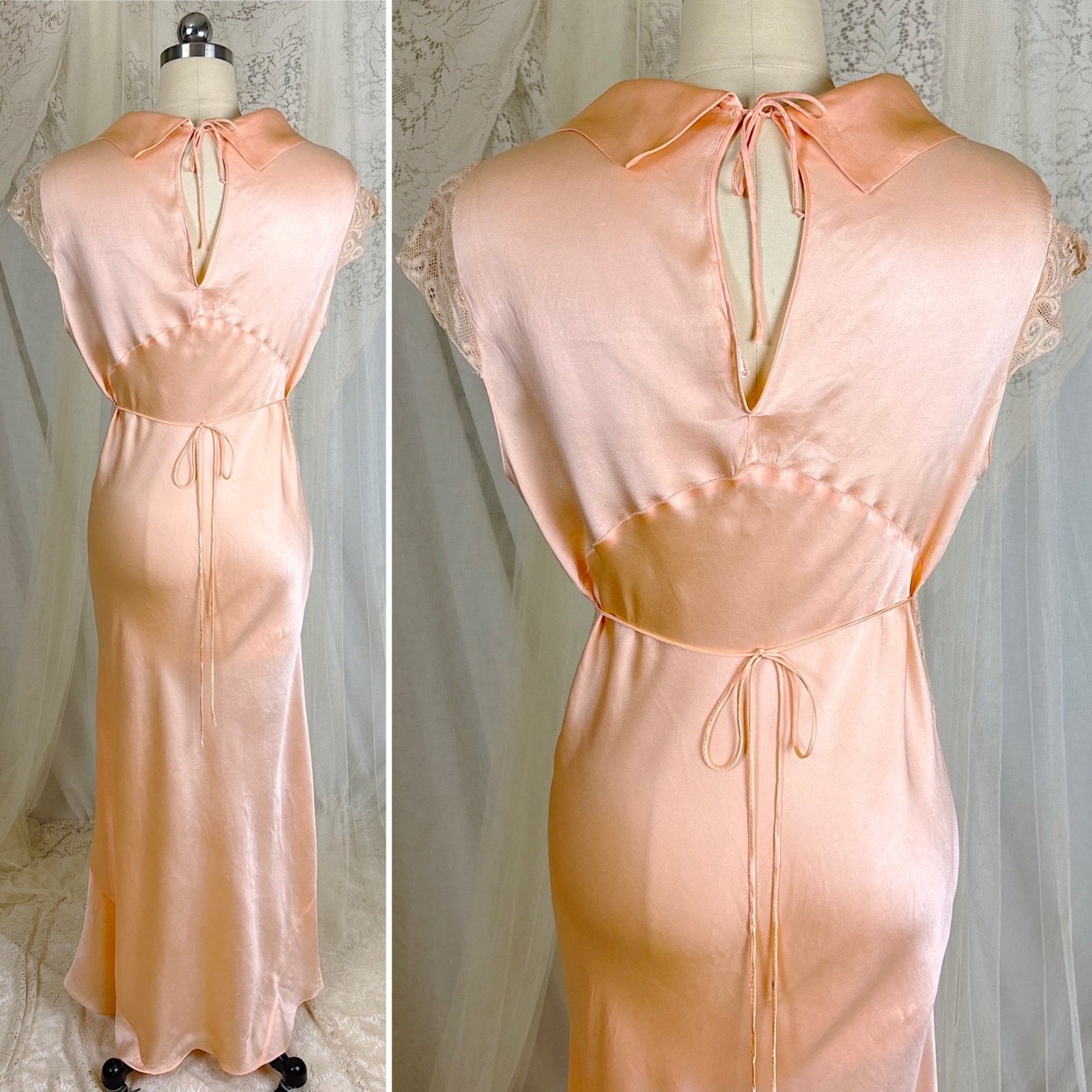 Vintage 1930's Rich Apricot Silk Satin Nightgown with Warm Nude Lace - by Satin Duchene, size S, M - Daggers & Dames
