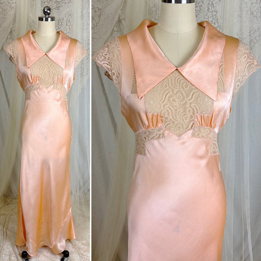 Vintage 1930's Rich Apricot Silk Satin Nightgown with Warm Nude Lace - by Satin Duchene, size S, M - Daggers & Dames