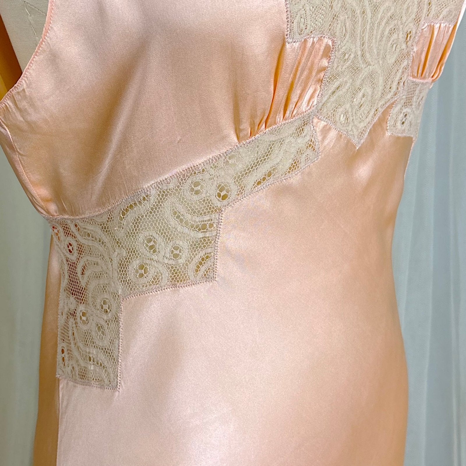 Vintage 1930's Rich Apricot Silk Satin Nightgown with Warm Nude Lace - by Satin Duchene, size S, M - Daggers & Dames