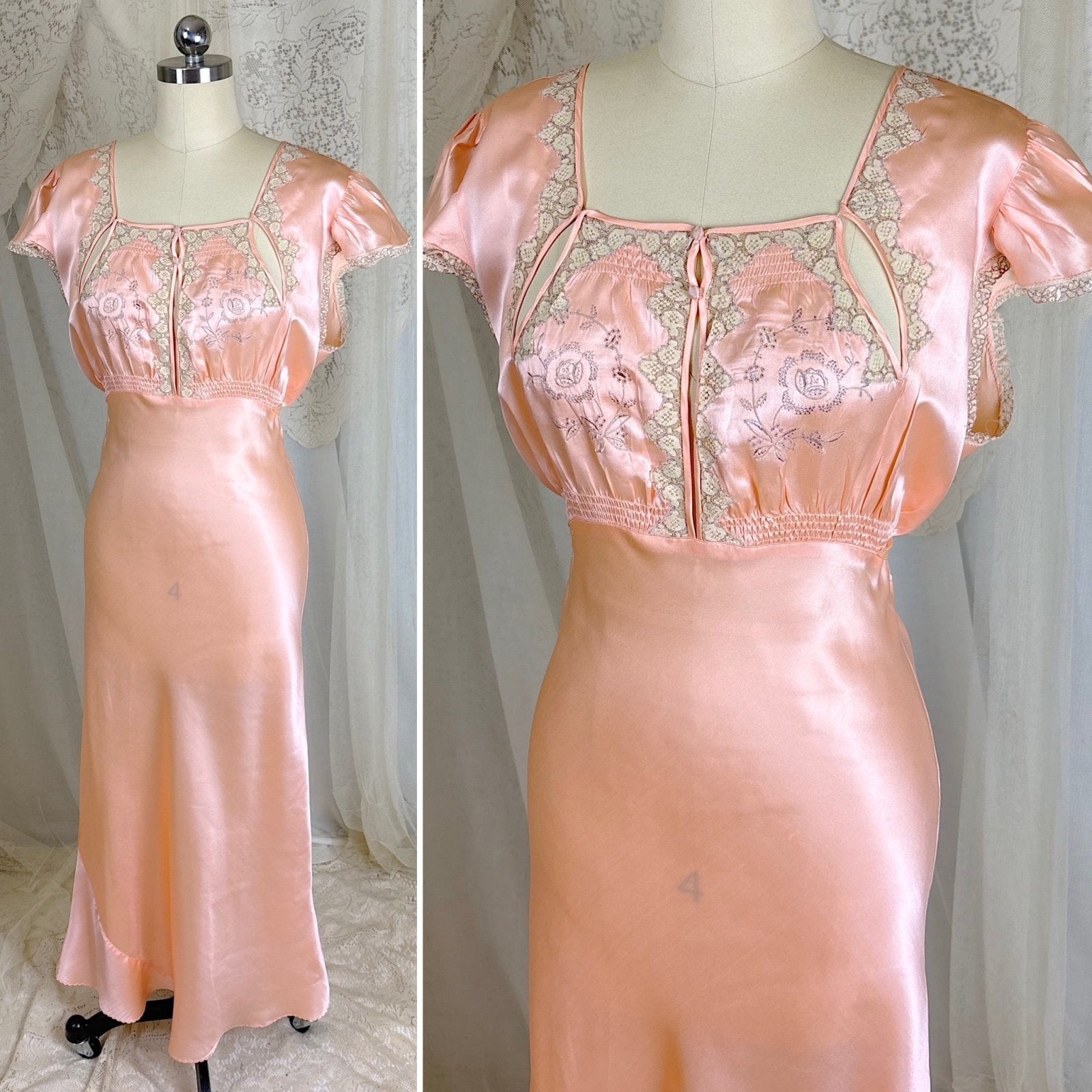 Vintage 1930's Rose Gold Pink Silk Nightgown with Cutout Details - Never Worn, Size M, LG - Daggers & Dames