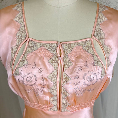 Vintage 1930's Rose Gold Pink Silk Nightgown with Cutout Details - Never Worn, Size M, LG - Daggers & Dames