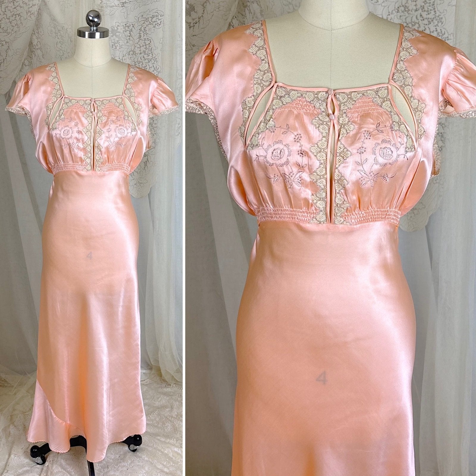Vintage 1930's Rose Gold Pink Silk Nightgown with Cutout Details - Never Worn, Size M, LG - Daggers & Dames