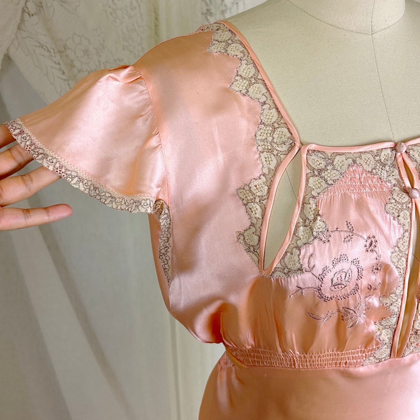 Vintage 1930's Rose Gold Pink Silk Nightgown with Cutout Details - Never Worn, Size M, LG - Daggers & Dames