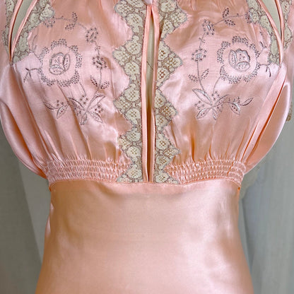 Vintage 1930's Rose Gold Pink Silk Nightgown with Cutout Details - Never Worn, Size M, LG - Daggers & Dames