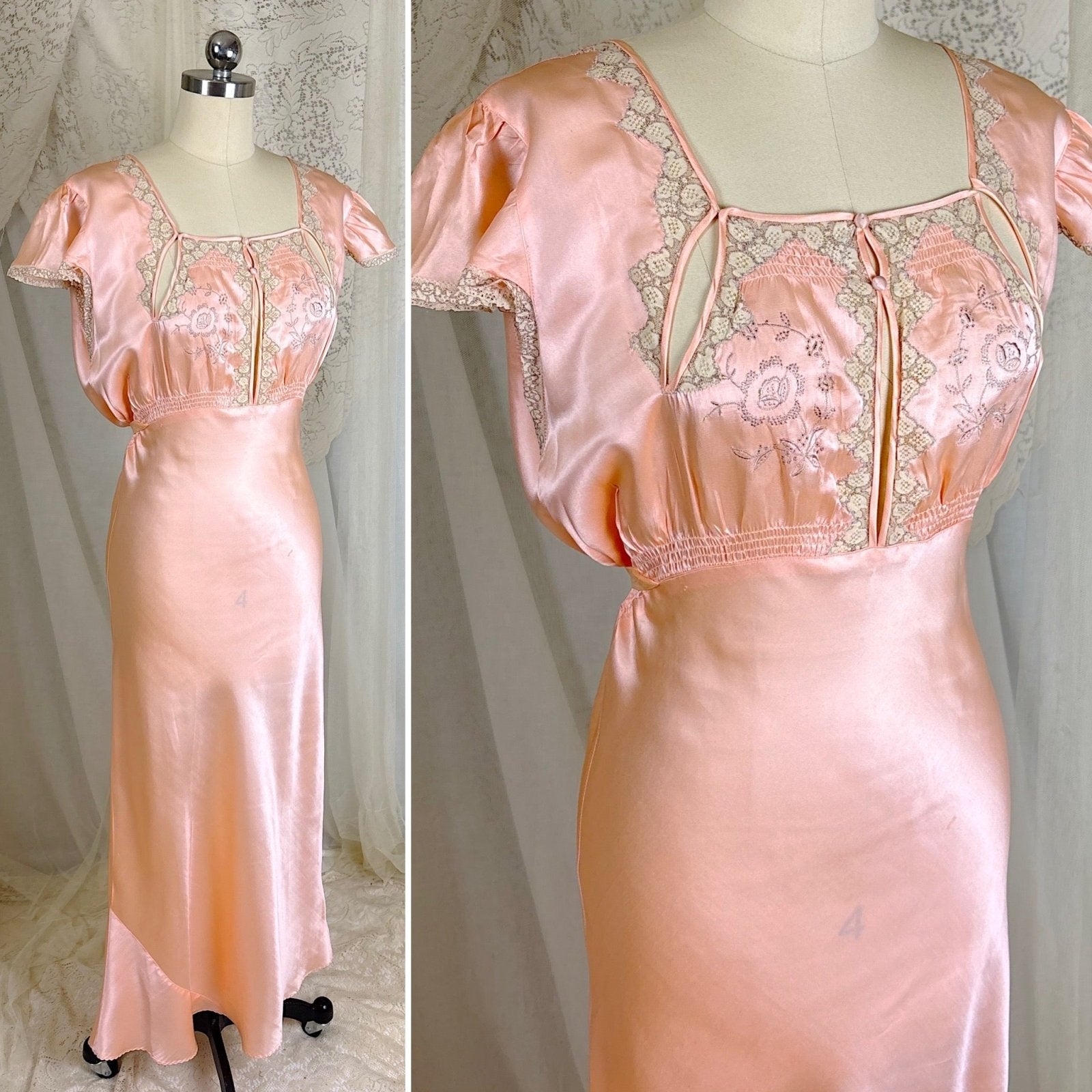 Vintage 1930's Rose Gold Pink Silk Nightgown with Cutout Details - Never Worn, Size M, LG - Daggers & Dames