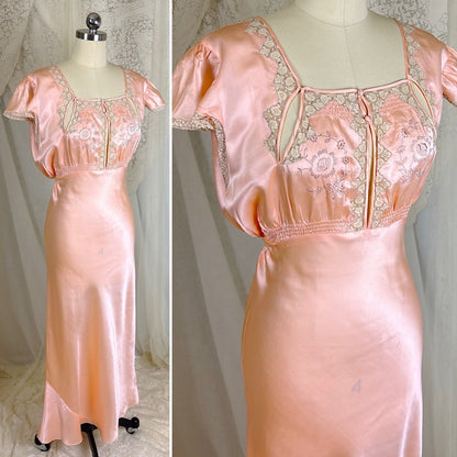 Vintage 1930's Rose Gold Pink Silk Nightgown with Cutout Details - Never Worn, Size M, LG - Daggers & Dames
