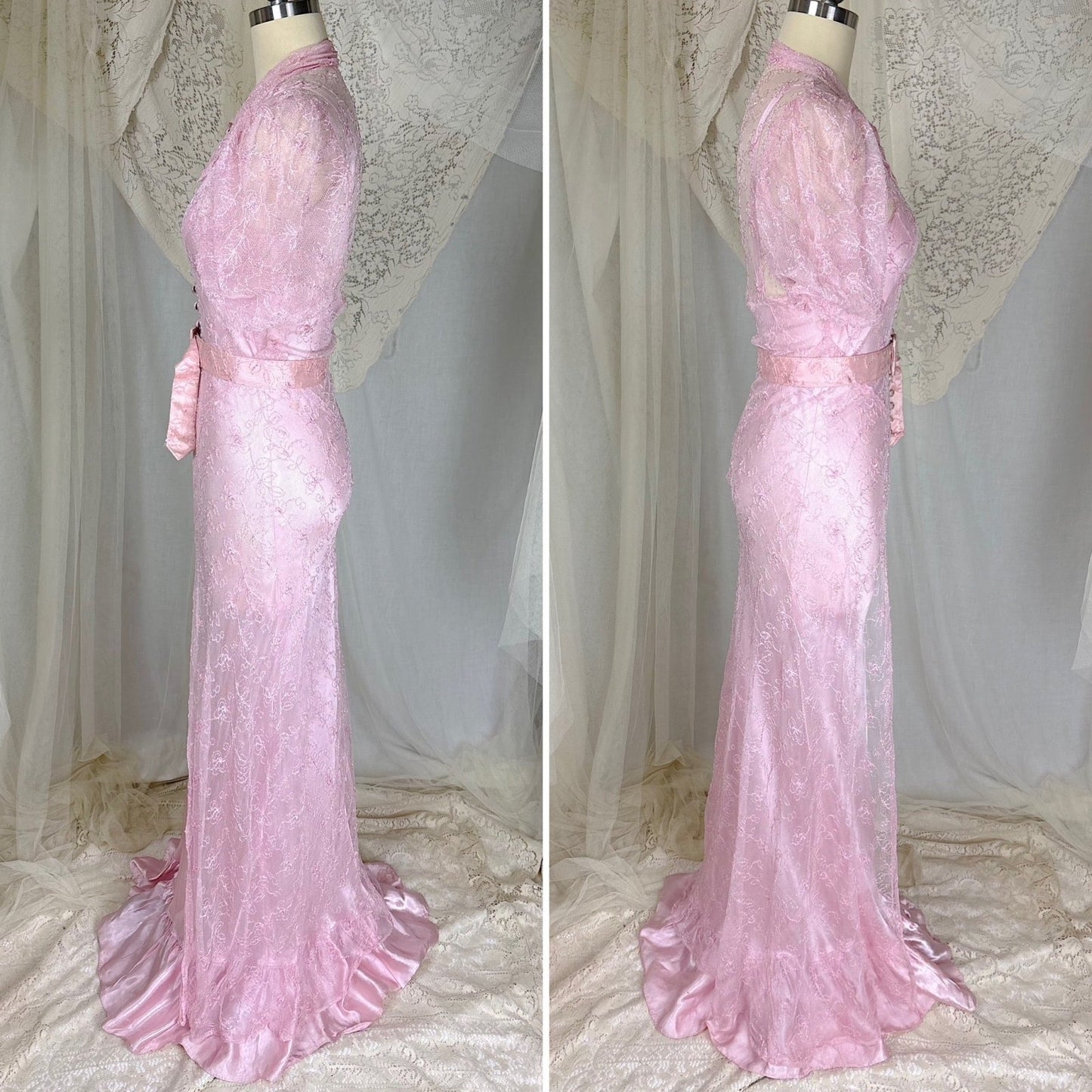 Vintage 1930's Rose Pink Embroidered Tulle Overdress with Satin Slip Set, size S, M - Daggers & Dames