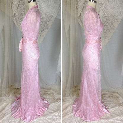 Vintage 1930's Rose Pink Embroidered Tulle Overdress with Satin Slip Set, size S, M - Daggers & Dames