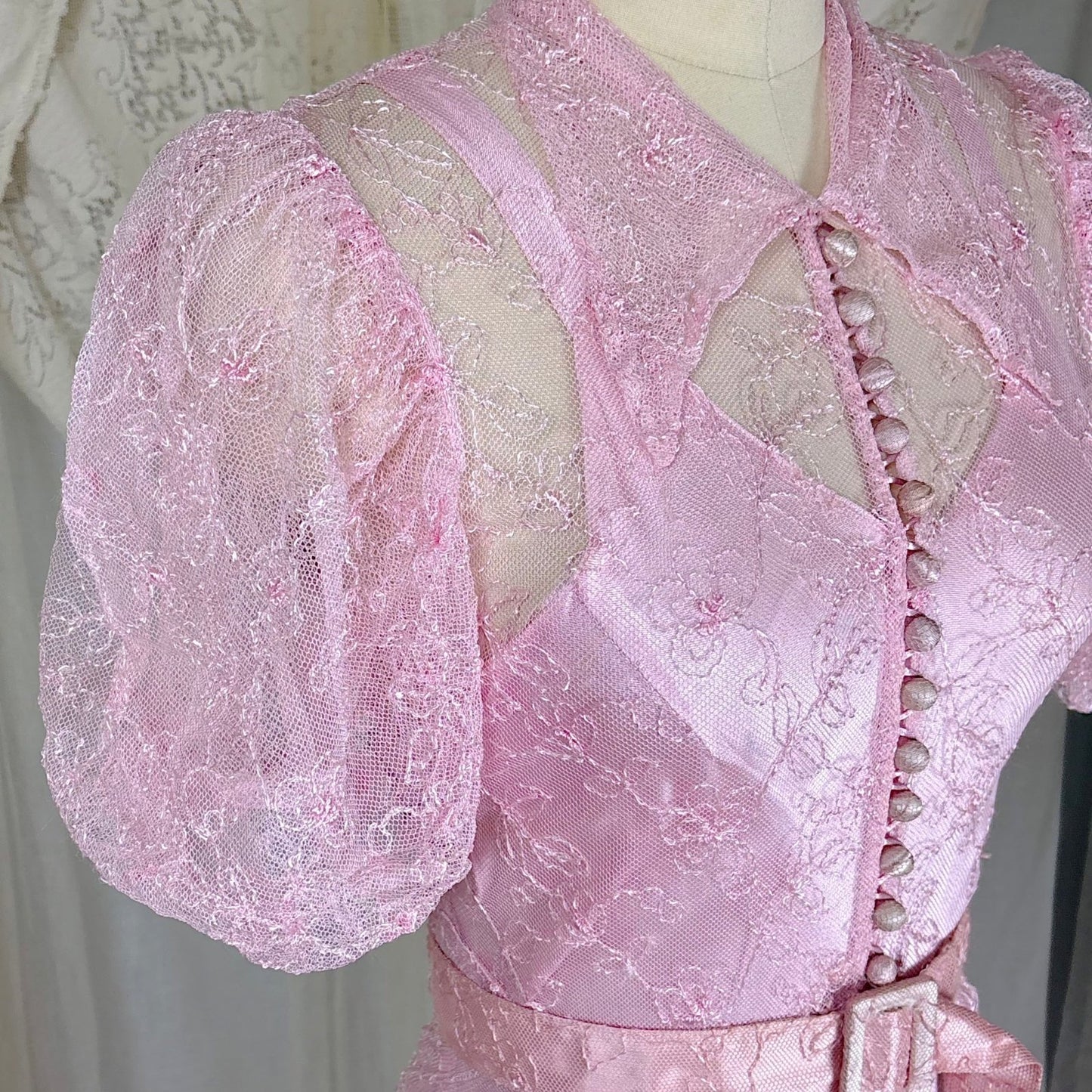 Vintage 1930's Rose Pink Embroidered Tulle Overdress with Satin Slip Set, size S, M - Daggers & Dames