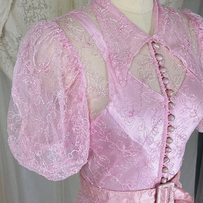 Vintage 1930's Rose Pink Embroidered Tulle Overdress with Satin Slip Set, size S, M - Daggers & Dames