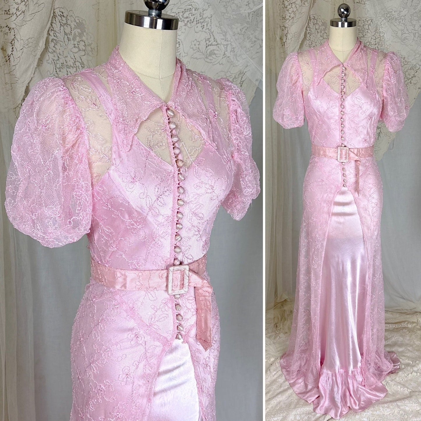 Vintage 1930's Rose Pink Embroidered Tulle Overdress with Satin Slip Set, size S, M - Daggers & Dames