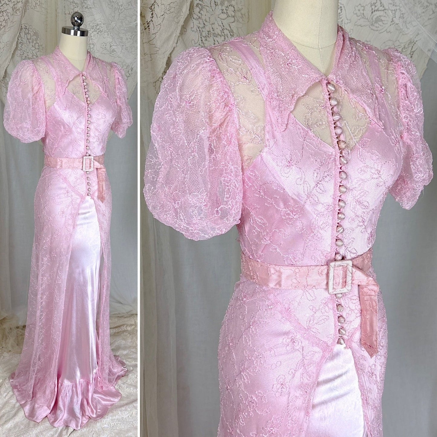 Vintage 1930's Rose Pink Embroidered Tulle Overdress with Satin Slip Set, size S, M - Daggers & Dames