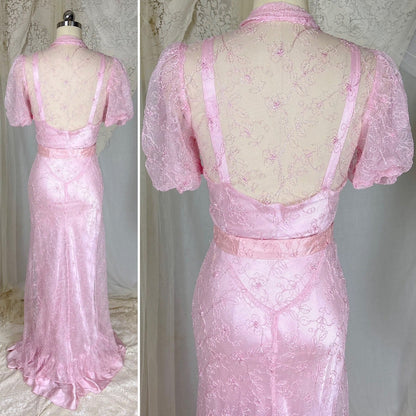 Vintage 1930's Rose Pink Embroidered Tulle Overdress with Satin Slip Set, size S, M - Daggers & Dames