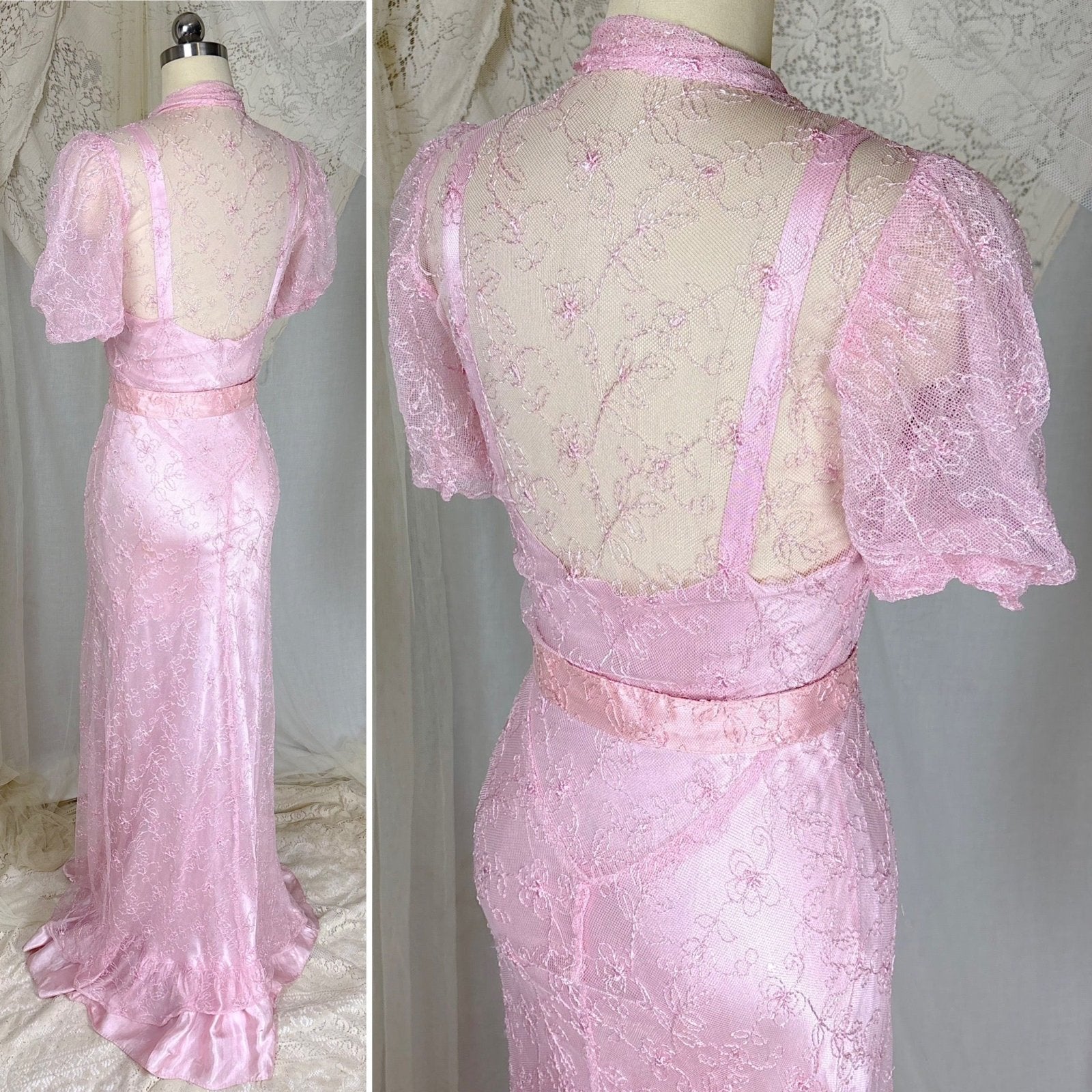 Vintage 1930's Rose Pink Embroidered Tulle Overdress with Satin Slip Set, size S, M - Daggers & Dames