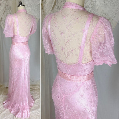 Vintage 1930's Rose Pink Embroidered Tulle Overdress with Satin Slip Set, size S, M - Daggers & Dames