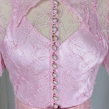 Vintage 1930's Rose Pink Embroidered Tulle Overdress with Satin Slip Set, size S, M - Daggers & Dames