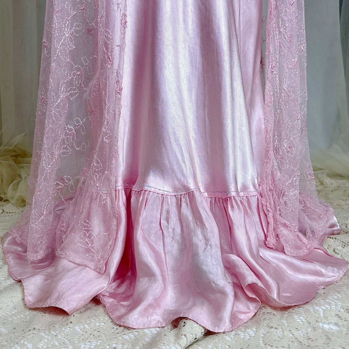 Vintage 1930's Rose Pink Embroidered Tulle Overdress with Satin Slip Set, size S, M - Daggers & Dames