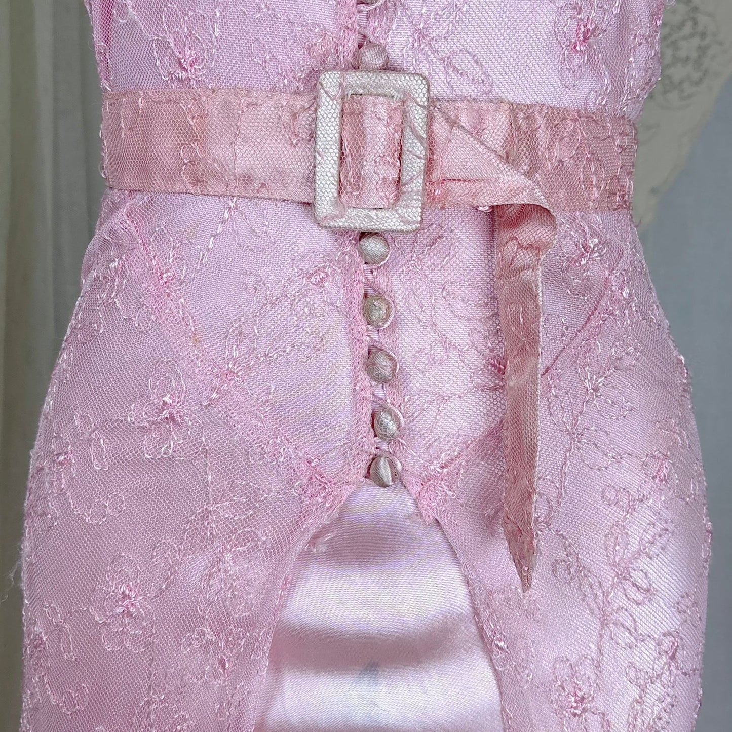 Vintage 1930's Rose Pink Embroidered Tulle Overdress with Satin Slip Set, size S, M - Daggers & Dames