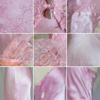 Vintage 1930's Rose Pink Embroidered Tulle Overdress with Satin Slip Set, size S, M - Daggers & Dames