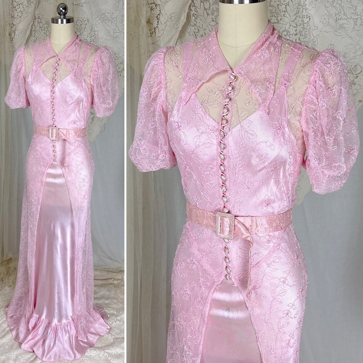 Vintage 1930's Rose Pink Embroidered Tulle Overdress with Satin Slip Set, size S, M - Daggers & Dames