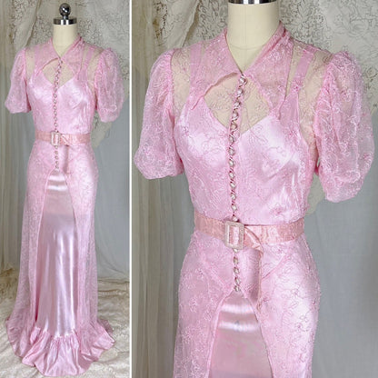 Vintage 1930's Rose Pink Embroidered Tulle Overdress with Satin Slip Set, size S, M - Daggers & Dames