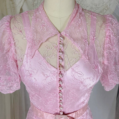 Vintage 1930's Rose Pink Embroidered Tulle Overdress with Satin Slip Set, size S, M - Daggers & Dames