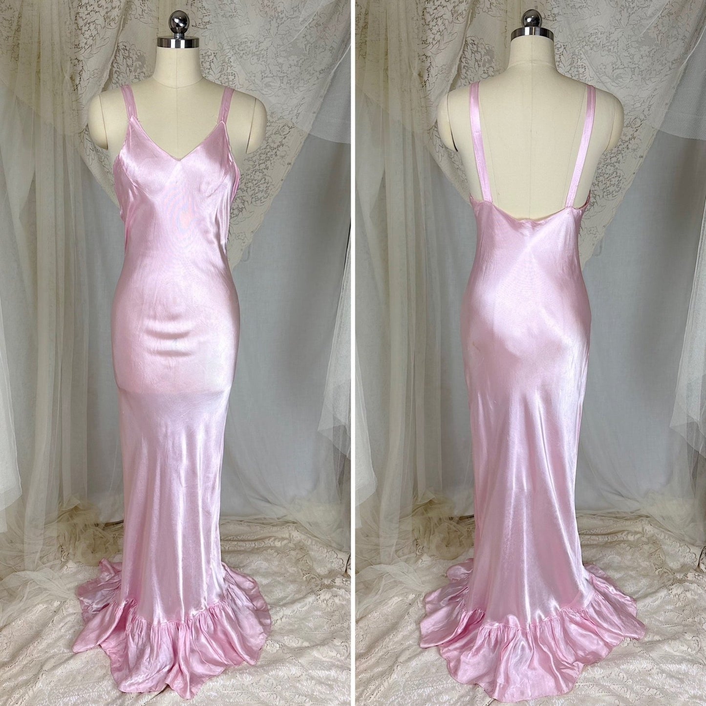 Vintage 1930's Rose Pink Embroidered Tulle Overdress with Satin Slip Set, size S, M - Daggers & Dames