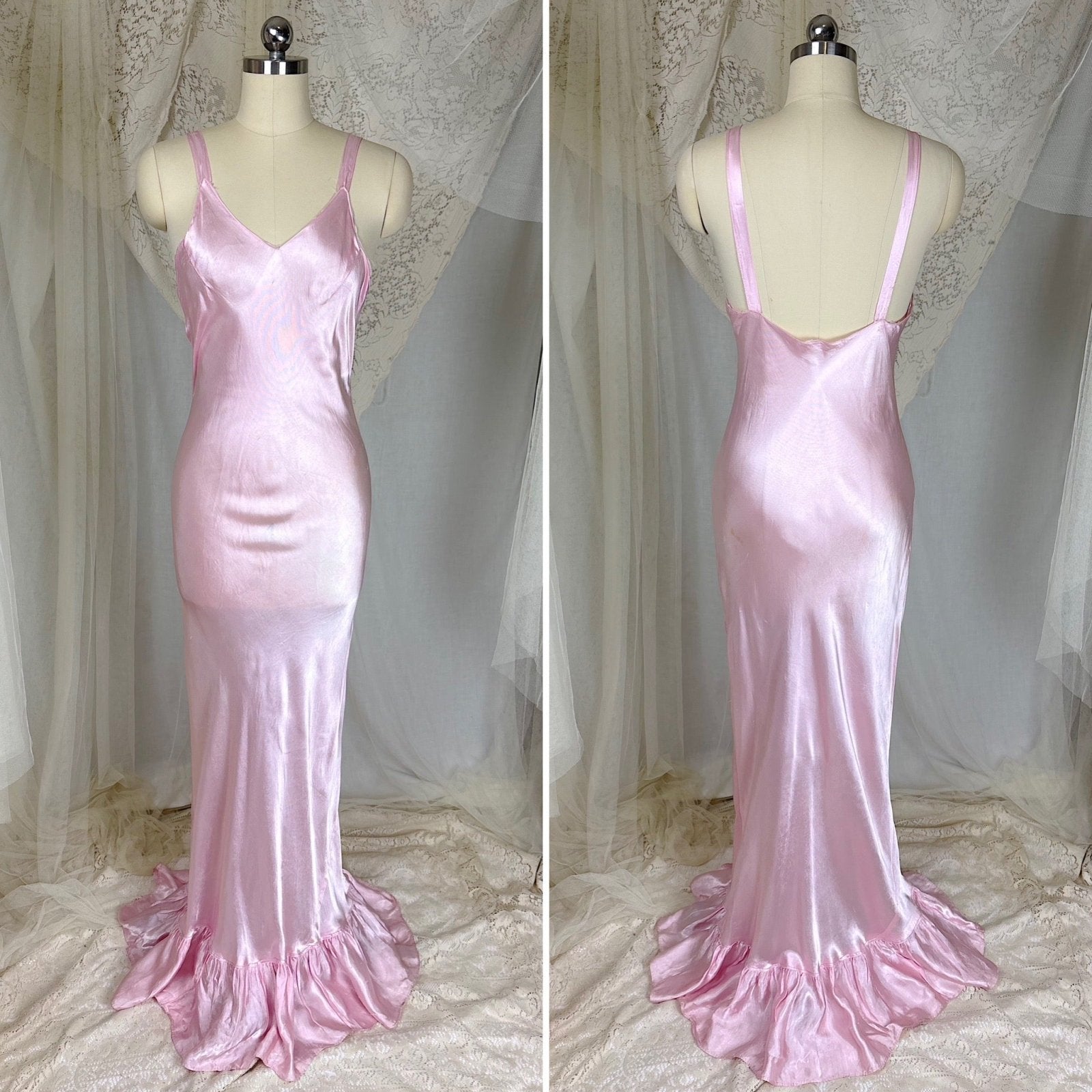 Vintage 1930's Rose Pink Embroidered Tulle Overdress with Satin Slip Set, size S, M - Daggers & Dames
