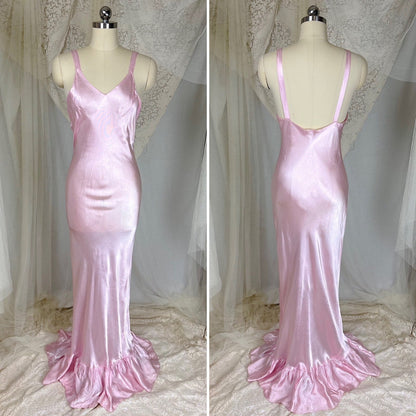 Vintage 1930's Rose Pink Embroidered Tulle Overdress with Satin Slip Set, size S, M - Daggers & Dames