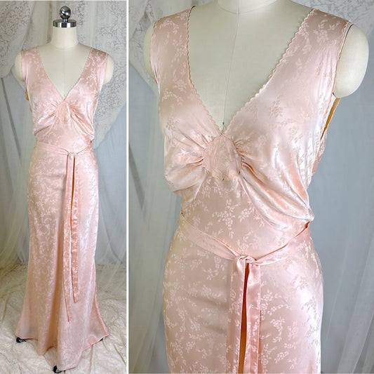 Vintage 1930's Rose Pink Silk Nightgown with Floral Damask by Barbizon, size S, M, LG, XLG - Daggers & Dames