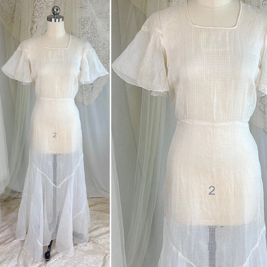 Vintage 1930's Sheer Ivory Organza Maxi Dress with Shadow Print, size XS - Daggers & Dames