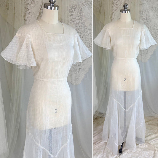 Vintage 1930's Sheer Ivory Organza Maxi Dress with Shadow Print, size XS - Daggers & Dames