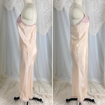 Vintage 1930's Slip | Pearlescent Peachy - Pink Silk with Deep Mauve Floral Cotton Lace | Size S, M | Never Worn - Daggers & Dames