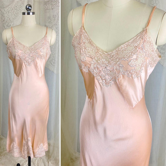 Vintage 1930's Slip - Rose Gold Pink Silk Satin with Floral Alençon Lace - Size M, LG - By Stylfit - Daggers & Dames