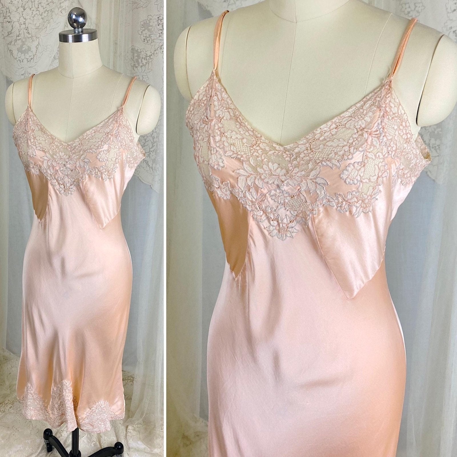 Vintage 1930's Slip - Rose Gold Pink Silk Satin with Floral Alençon Lace - Size M, LG - By Stylfit - Daggers & Dames
