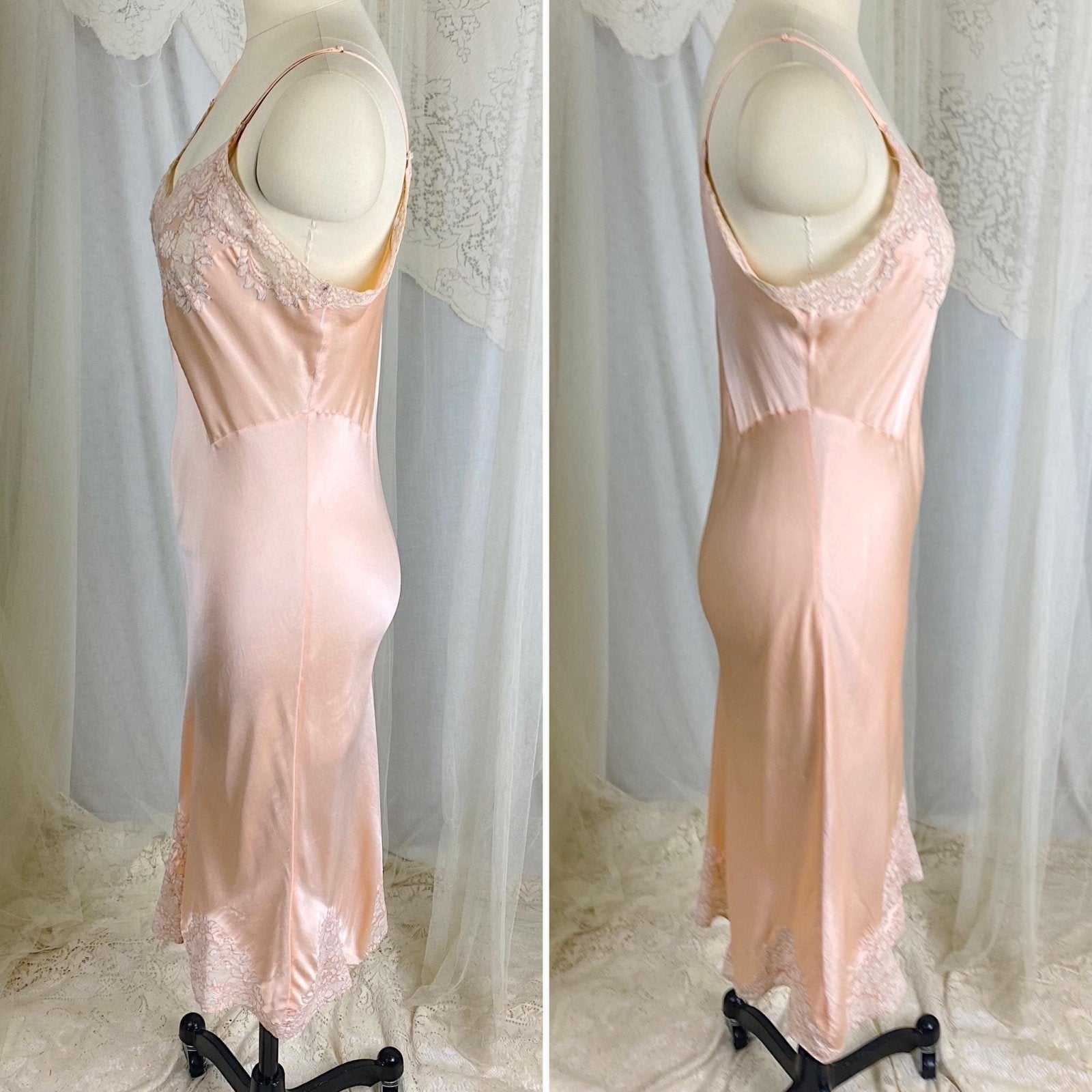 Vintage 1930's Slip - Rose Gold Pink Silk Satin with Floral Alençon Lace - Size M, LG - By Stylfit - Daggers & Dames