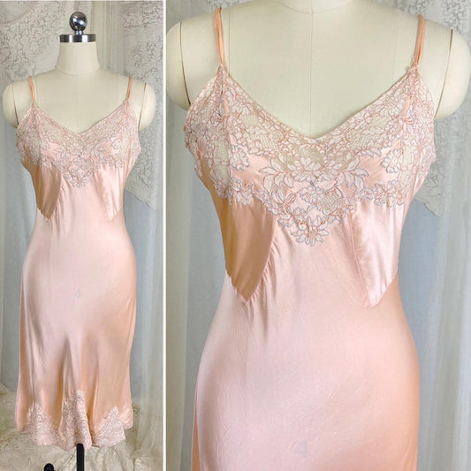 Vintage 1930's Slip - Rose Gold Pink Silk Satin with Floral Alençon Lace - Size M, LG - By Stylfit - Daggers & Dames