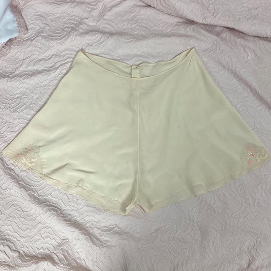 Vintage 1930's Tap Pants | Hand Stitched Semi Sheer Ivory Silk with Blue & Pink Appliques | Size XS - Daggers & Dames