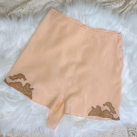 Vintage 1930's Tap Pants - Light Peach Semi Sheer Silk with Deep Mocha Lace Appliques - Size S, M - By Yolande - Daggers & Dames
