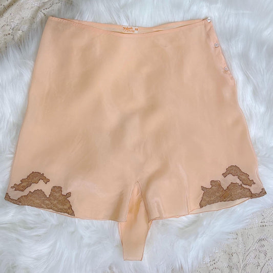 Vintage 1930's Tap Pants - Light Peach Semi Sheer Silk with Deep Mocha Lace Appliques - Size S, M - By Yolande - Daggers & Dames
