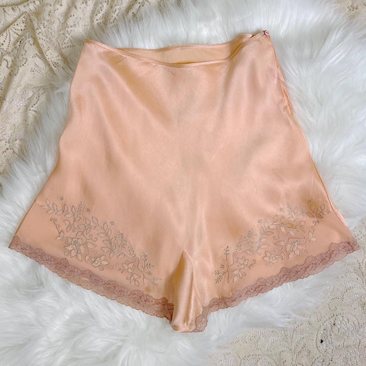 Vintage 1930's Tap Pants - Pale Peach Silk Satin with Sheer Chiffon Inserts & Silver Threaded Floral Embroidery - Size S, M - Daggers & Dames