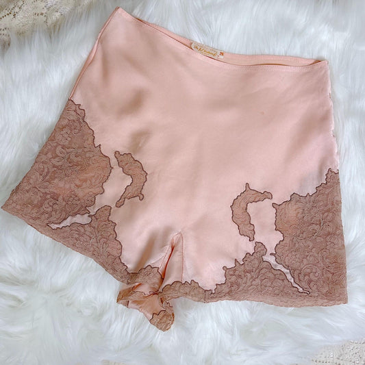 Vintage 1930's Tap Pants - Rich Rose Pink Silk Satin with Deep Mocha Embroidered Lace - Size XS - By Yolande - Daggers & Dames