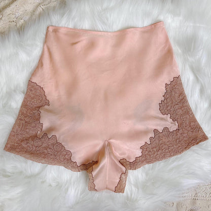 Vintage 1930's Tap Pants - Rich Rose Pink Silk Satin with Deep Mocha Embroidered Lace - Size XS - By Yolande - Daggers & Dames