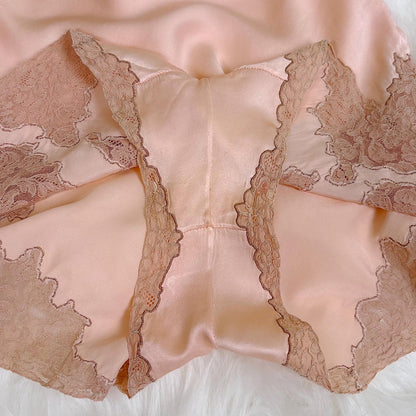 Vintage 1930's Tap Pants - Rich Rose Pink Silk Satin with Deep Mocha Embroidered Lace - Size XS - By Yolande - Daggers & Dames