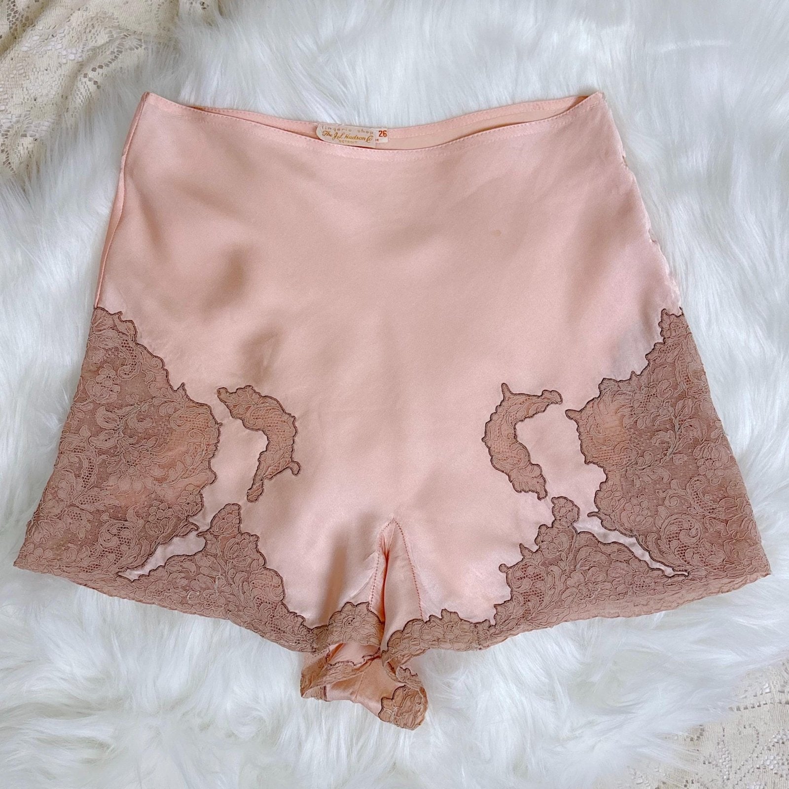 Vintage 1930's Tap Pants - Rich Rose Pink Silk Satin with Deep Mocha Embroidered Lace - Size XS - By Yolande - Daggers & Dames