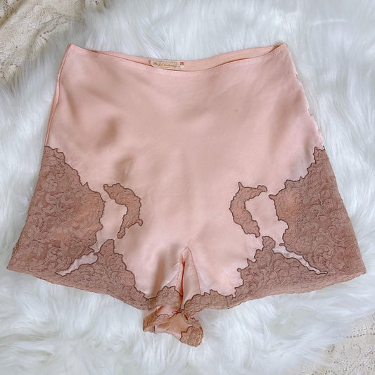 Vintage 1930's Tap Pants - Rich Rose Pink Silk Satin with Deep Mocha Embroidered Lace - Size XS - By Yolande - Daggers & Dames