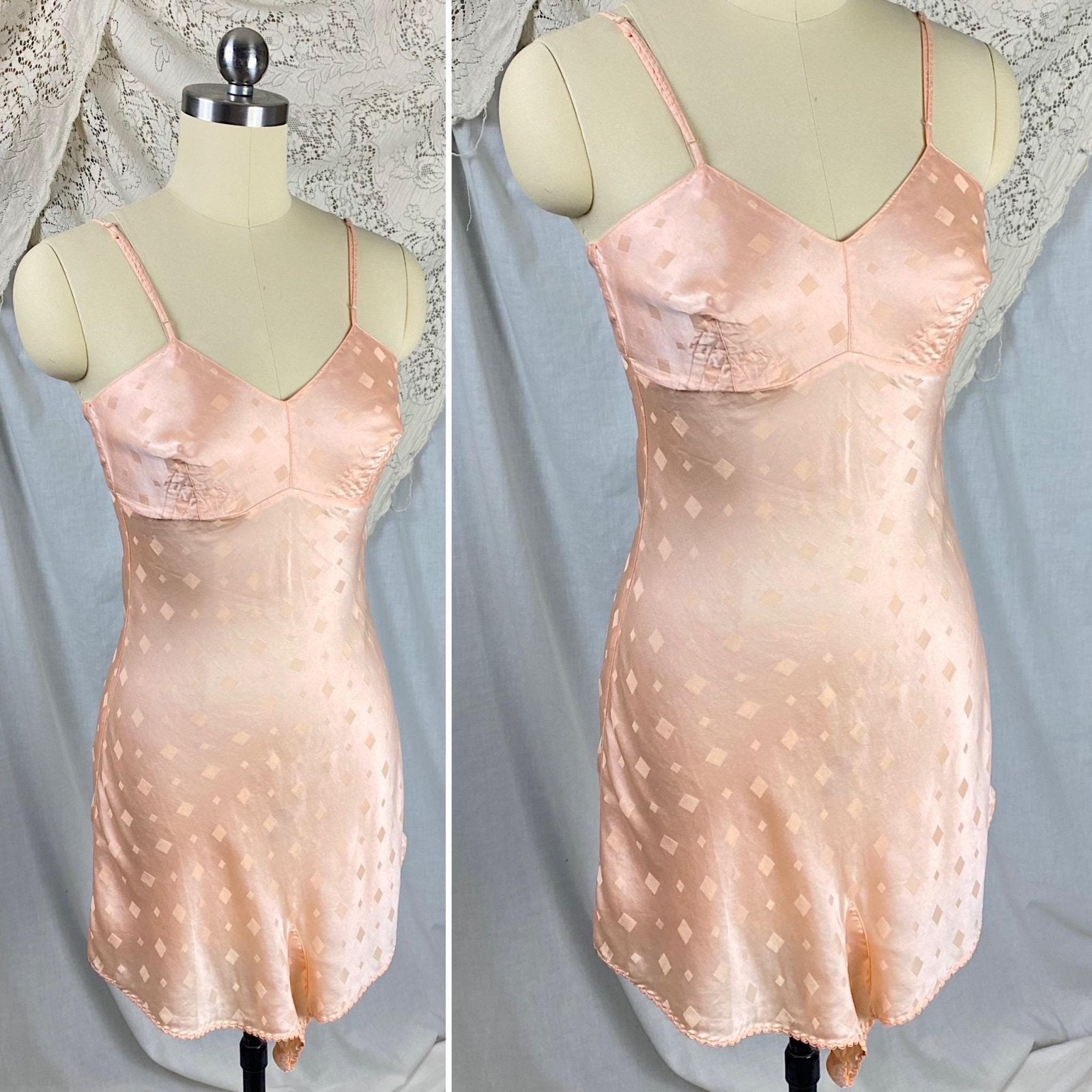 Vintage 1930's Teddy Chemise | Rose Gold Pink Silk with Diamond Satin Damask Pattern & Darted Bust | Size XXS, XS - Daggers & Dames