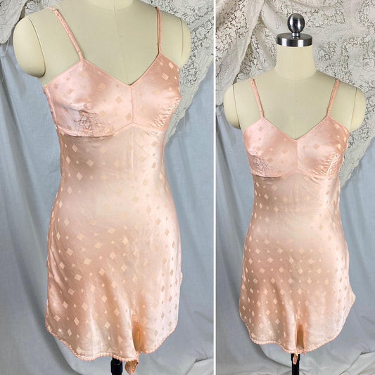Vintage 1930's Teddy Chemise | Rose Gold Pink Silk with Diamond Satin Damask Pattern & Darted Bust | Size XXS, XS - Daggers & Dames
